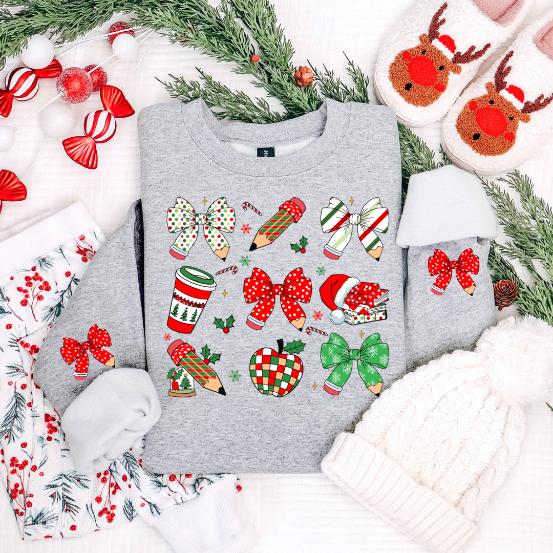 RETRO TEACHER CHRISTMAS COQUETTE PENCIL BOW SWEATSHIRT