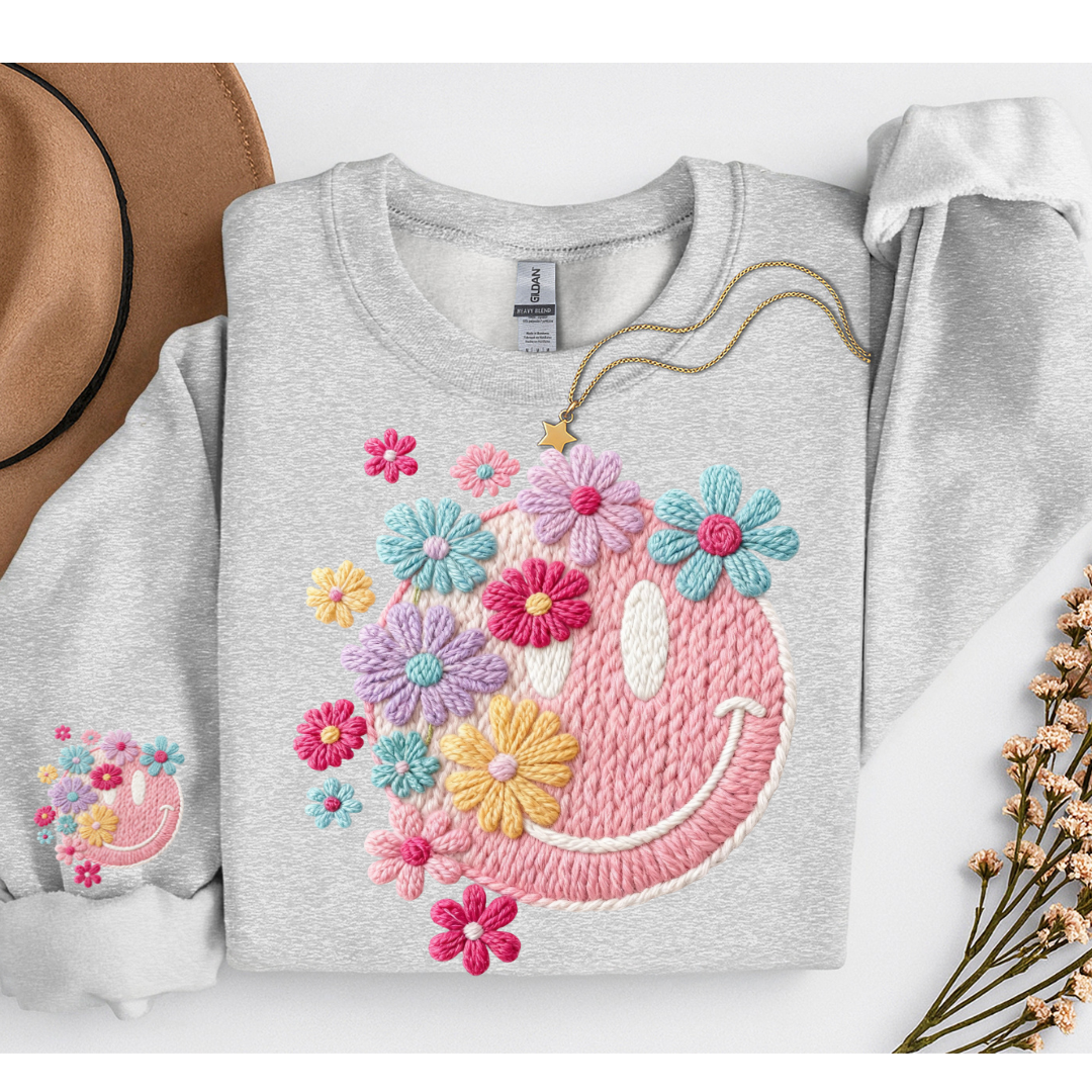 FAUX YARN RETRO SMILELY FACE FLORAL SWEATSHIRT