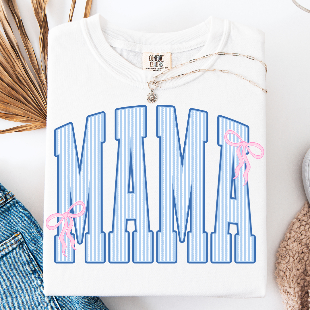 MAMA STRIPES BLUE PINK COQUETTE BOW T-SHIRT