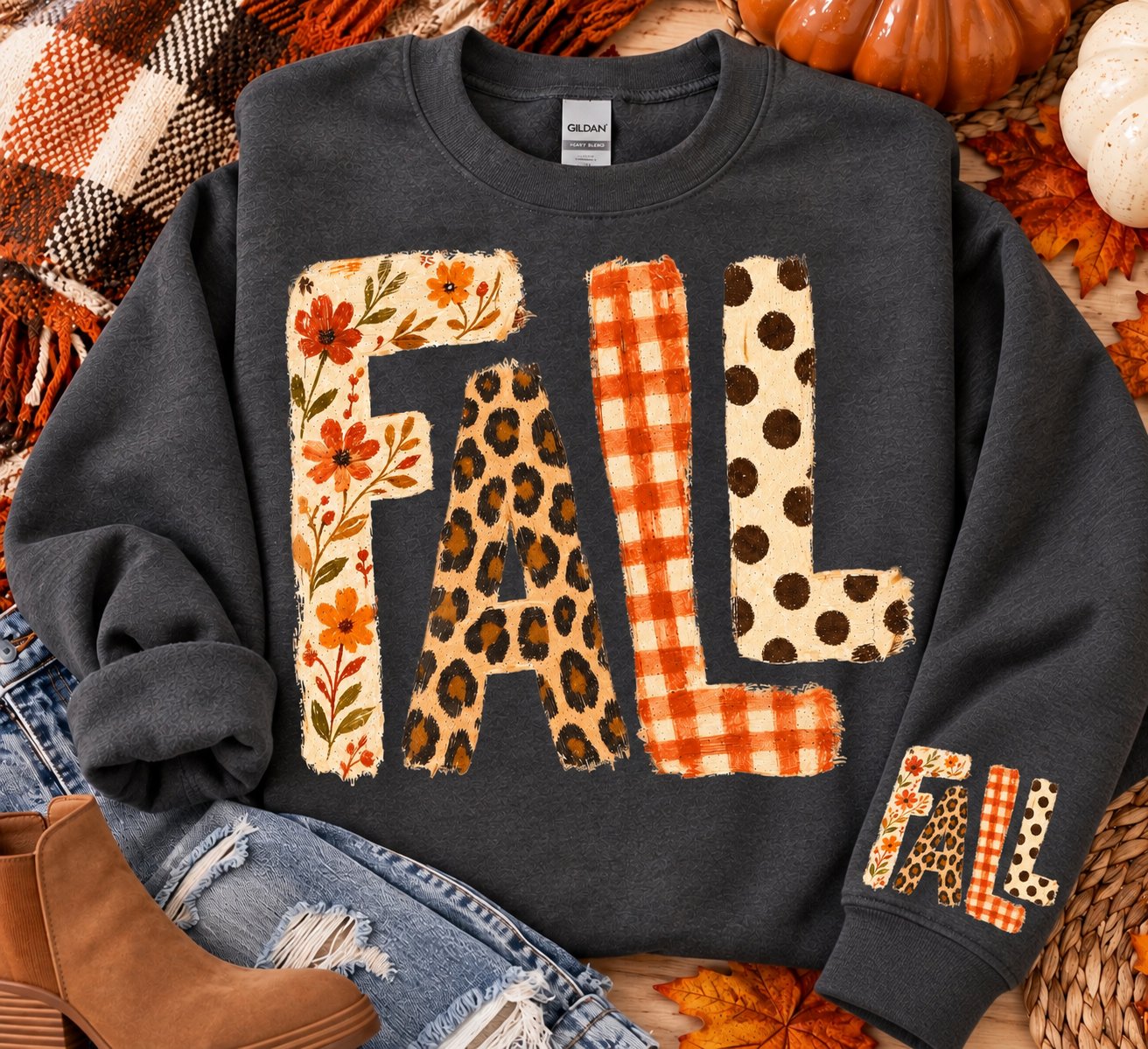 FALL PATCHWORK PRINT SWEATSHIRT