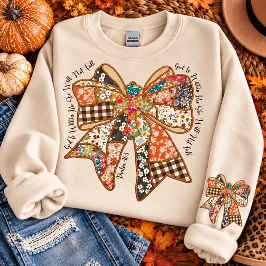 GOD IS WITHIN HER FAUX PATCHWORK SWEATSHIRT