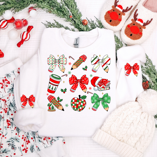 RETRO TEACHER CHRISTMAS COQUETTE PENCIL BOW SWEATSHIRT