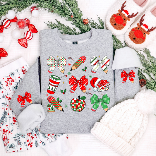 RETRO TEACHER CHRISTMAS COQUETTE PENCIL BOW SWEATSHIRT