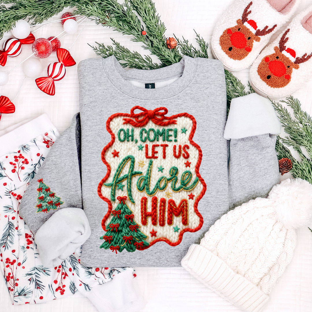 OH COME LET US ADORE HIM CHRISTMAS TREE SWEATSHIRT