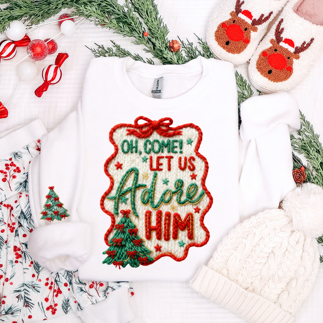 OH COME LET US ADORE HIM CHRISTMAS TREE SWEATSHIRT