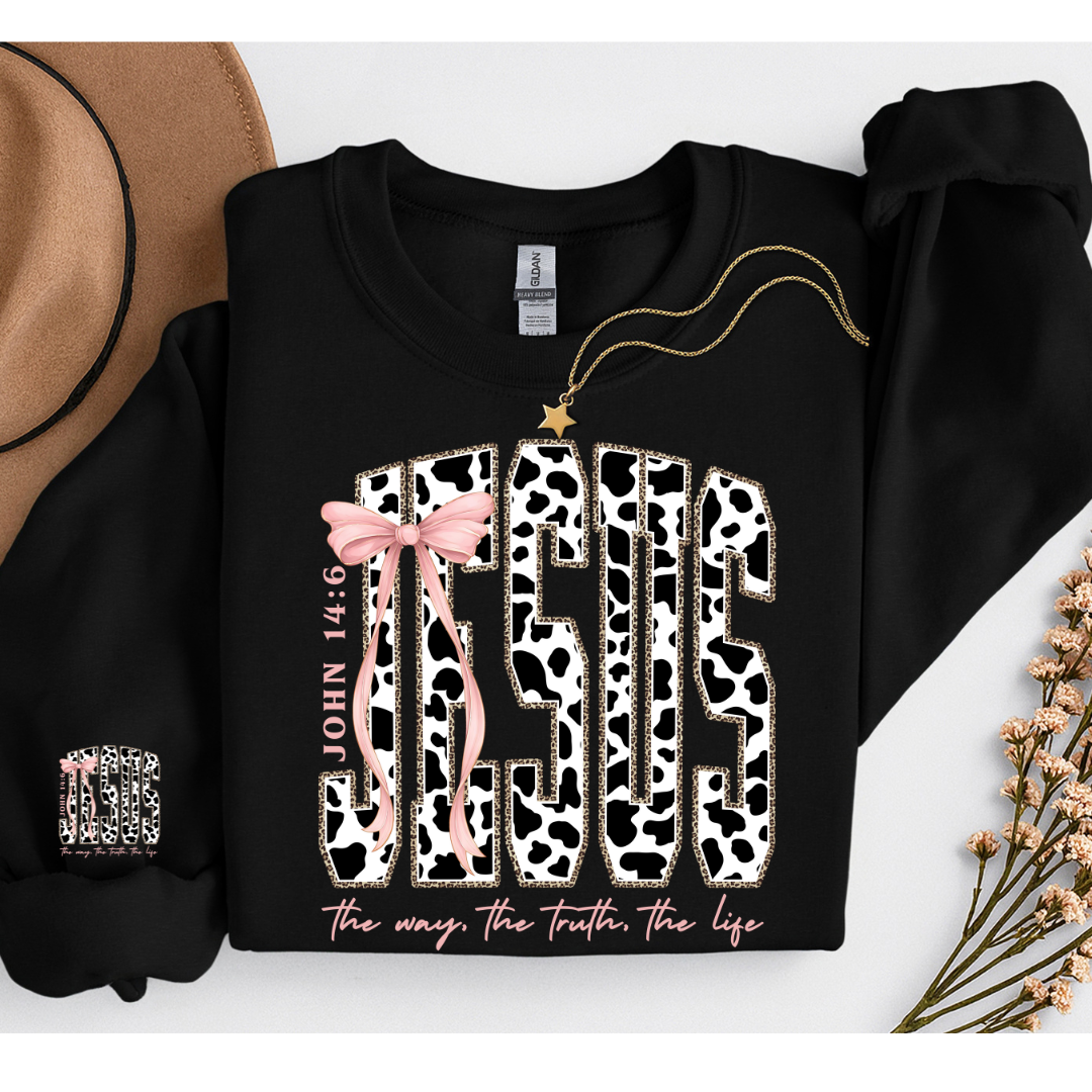 RETRO COW PRINT JESUS THE WAY THE TRUTH AND THE LIFE SWEATSHIRT