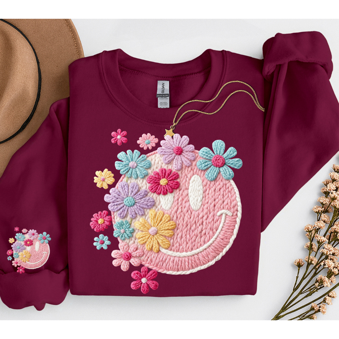 FAUX YARN RETRO SMILELY FACE FLORAL SWEATSHIRT