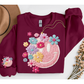 FAUX YARN RETRO SMILELY FACE FLORAL SWEATSHIRT