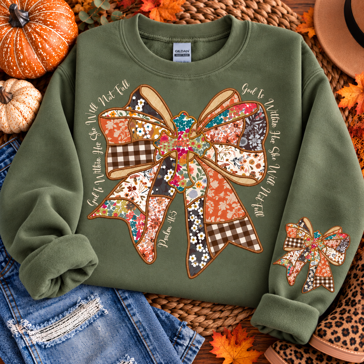 GOD IS WITHIN HER FAUX PATCHWORK SWEATSHIRT