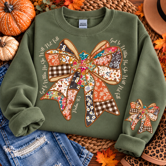 GOD IS WITHIN HER FAUX PATCHWORK SWEATSHIRT