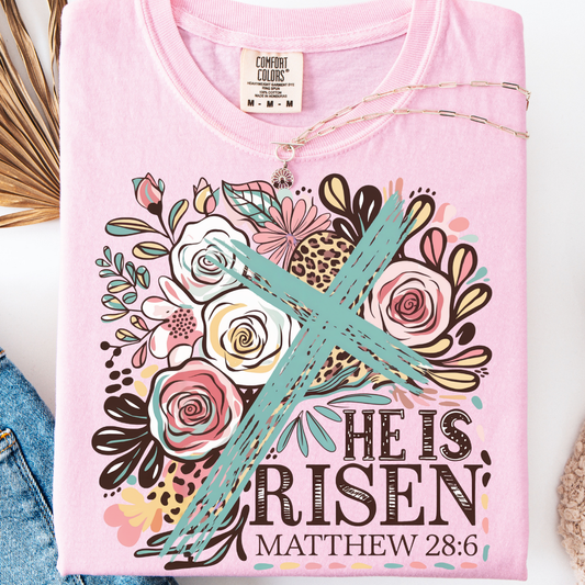 HE IS RISEN FLORAL CROSS T-SHIRT