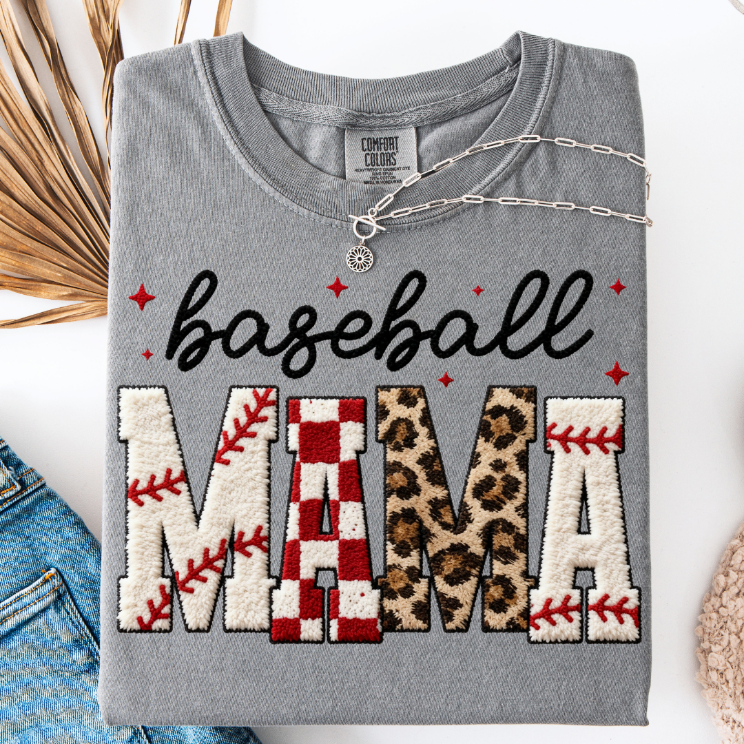 BASEBALL MAMA FAUX LATCH HOOK YARN T-SHIRT