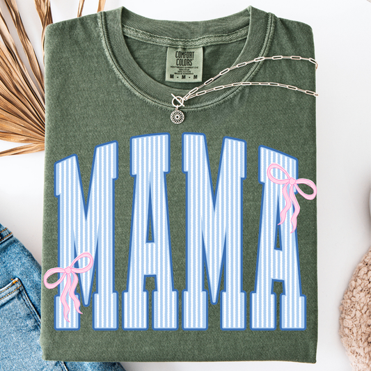 MAMA STRIPES BLUE PINK COQUETTE BOW T-SHIRT