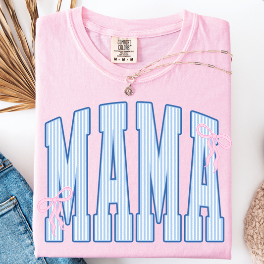 MAMA STRIPES BLUE PINK COQUETTE BOW T-SHIRT