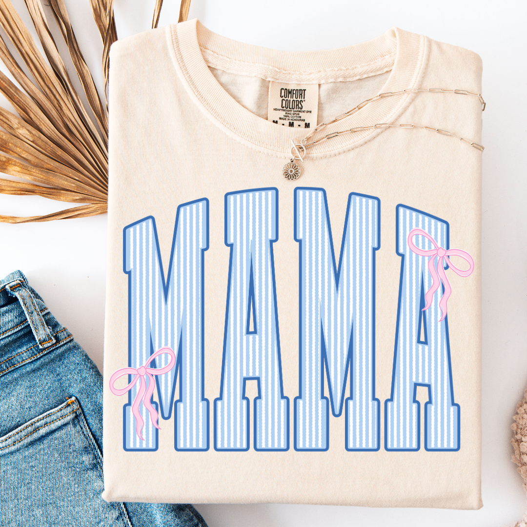 MAMA STRIPES BLUE PINK COQUETTE BOW T-SHIRT