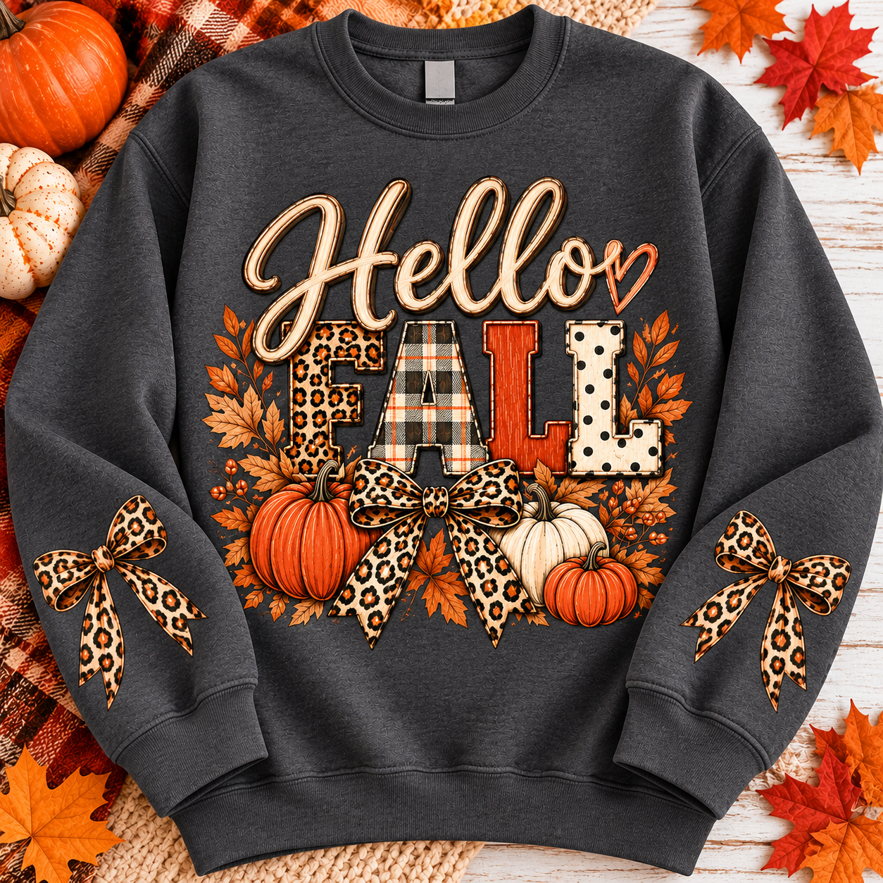 HELLO FALL LEOPARD BOW SWEATSHIRT
