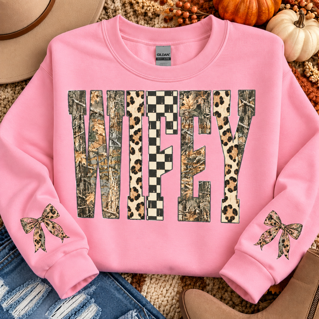 WIFEY CHECKERED, CAMO, DISTRESSED SWEATSHIRT