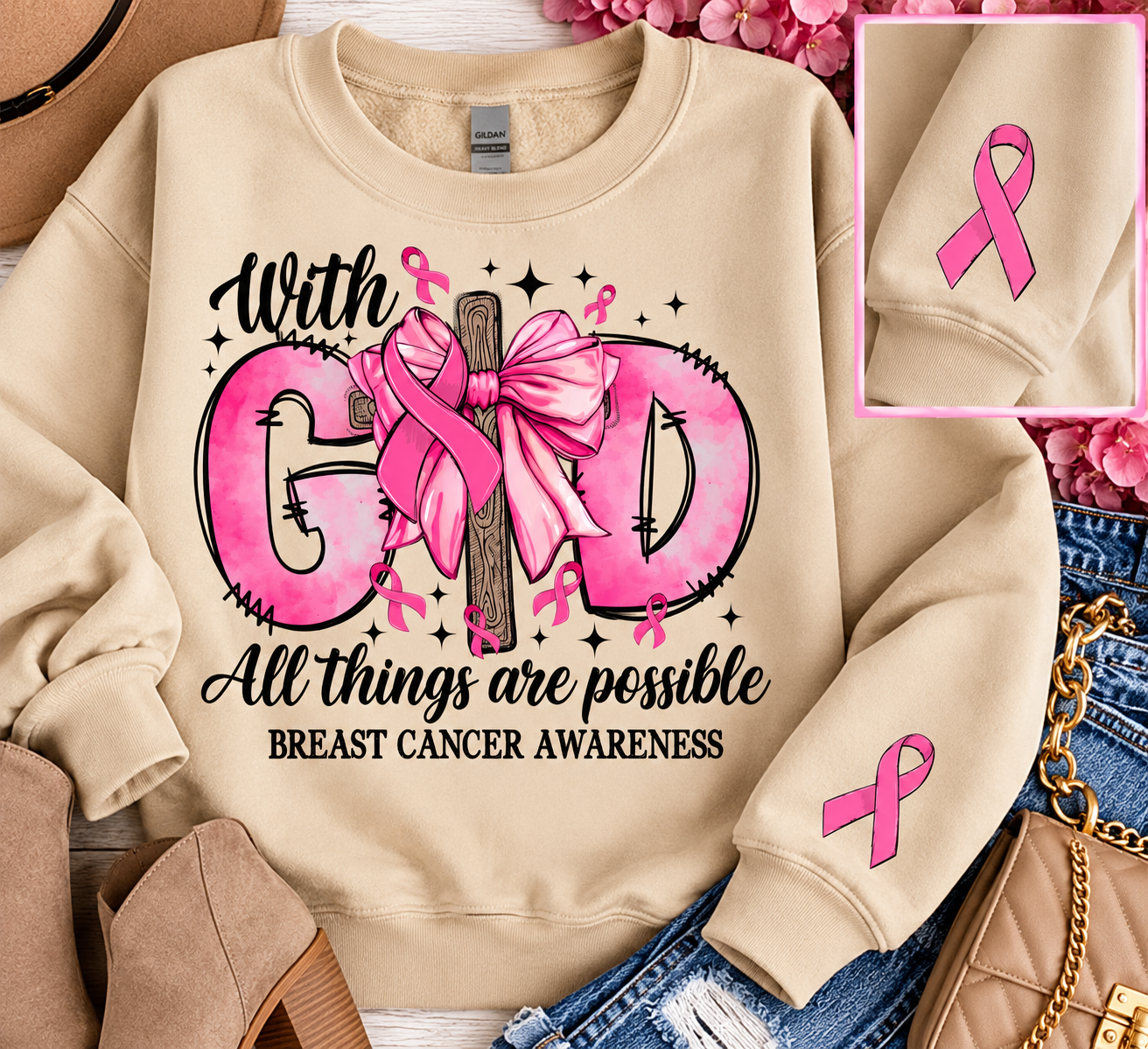 WITH GOD ALL THINGS POSSIBLE BREAST CANCER AWARENESS SWEATSHIRT