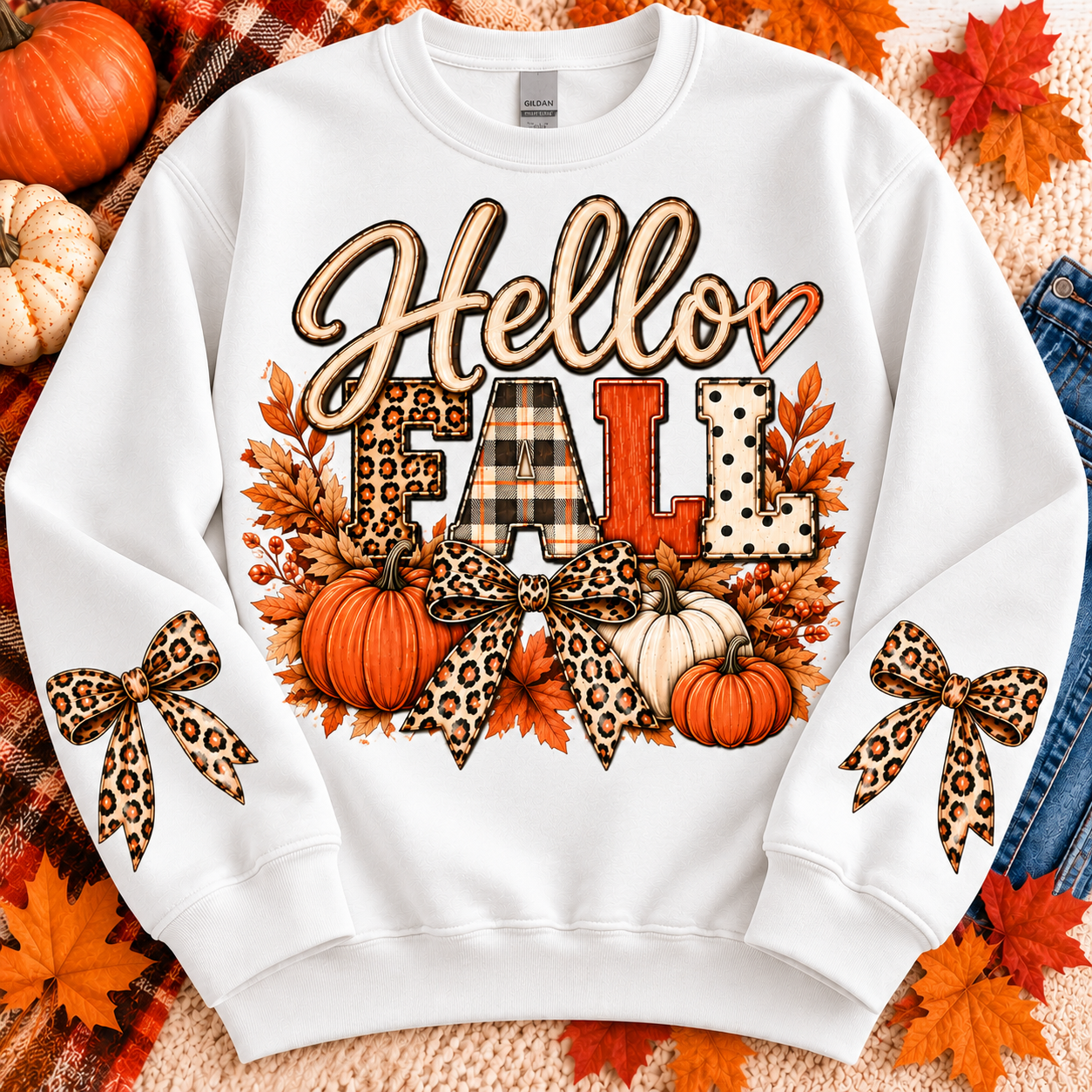 HELLO FALL LEOPARD BOW SWEATSHIRT