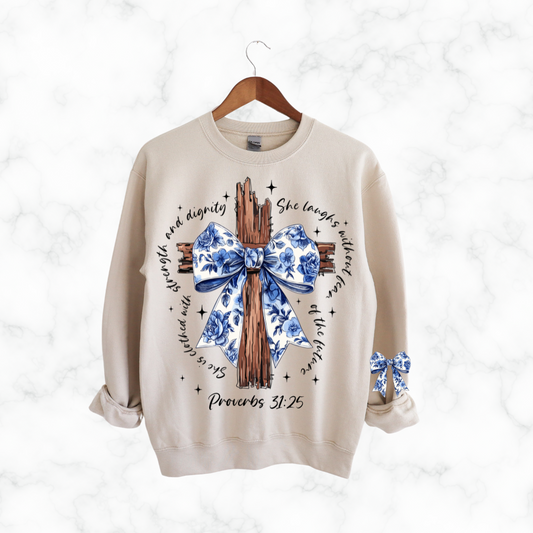 PROVERBS 31 BLUE FLORAL BOW SWEATSHIRT