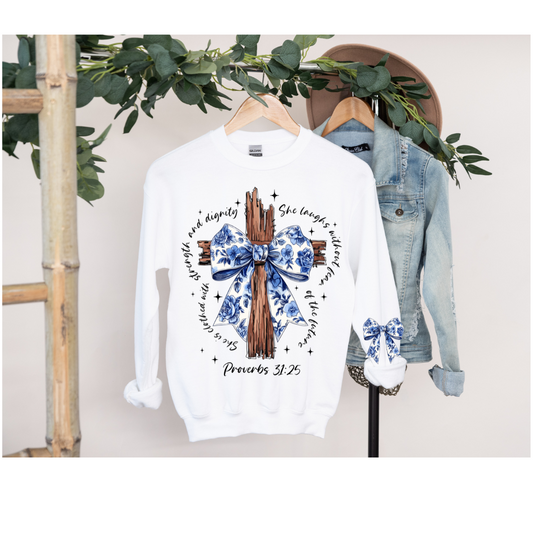 PROVERBS 31 BLUE FLORAL BOW SWEATSHIRT